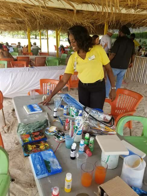 Sip & Paint with lunch on exciting Ffryes Tiki beach Bar - First Stop: Cheers Restaurant, Voucher Ready, Yellow Shirt Watch